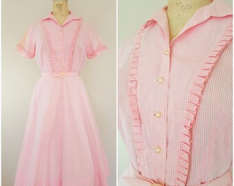 Vintage 1950s Dress / 50s Pink and White Gingham Day Dress / Cotton Dress / Medium