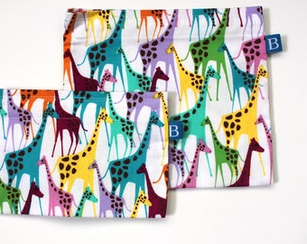 Reuseable Eco-Friendly Set of Snack and Sandwich Bags in Colorful Giraffes Fabric