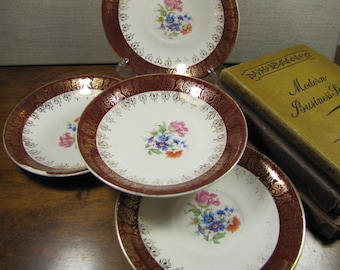 Vintage Saucers - Dark Red Rim - Gold Filigree - Floral Center - Set of Four (4)