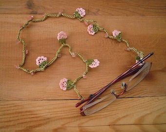 crochet eyeglass chain, pink flower, lanyard, chain for glasses