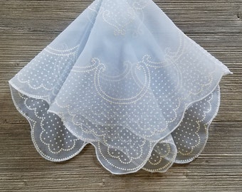 Vintage Hankie, Blue Nylon, Flocked Polka Dots, Something Blue, Handkerchief, Hankerchief