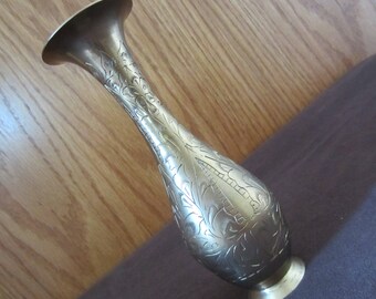 Etched Brass Vase Vintage Bud Vase