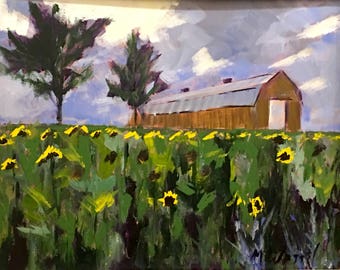 Original Acrylic Landscape Painting / Sunflower Field / Canadian Farm Landscape / Barn Painting / 16 X 20 / Fine Art on Canvas