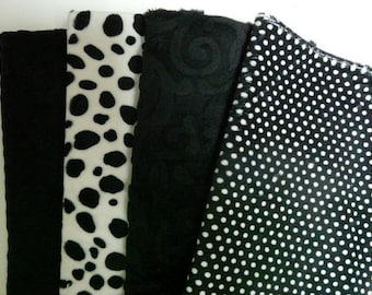 set of 4 black velvet and white 50cmx56cm minky fabrics