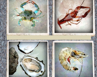 Crab, Crawfish, Oyster, Shrimp Coasters Heat Set, Set of 4 Tumbled Marble