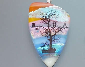 Owl in a Tree Dichroic Glass Pendant Necklace
