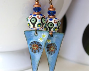 Blue Triangle Earrings, Enamel Earrings, Lampwork Earrings, Polka Dot Earrings, Long Earrings, Colorful Boho Earrings, Starburst Earrings