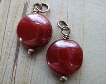 Silvered Carnelian Coin Bead Charms - 1 pair - 20mm in length