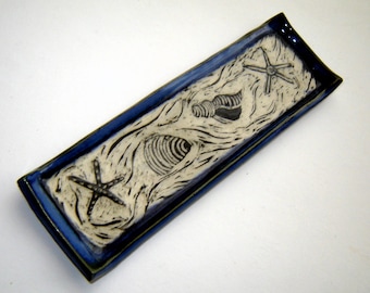 Seashell Plate - Ceramic Tray - Beach Décor - Sgraffito Pottery - Coastal Art - Starfish Dish - Trinket Dish - Handmade Pottery