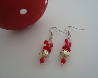 Red and silver dangling earrings