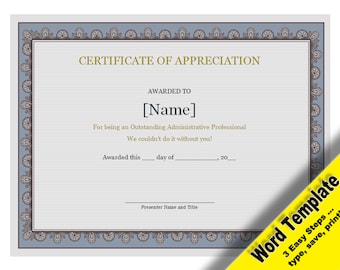 Certificate of Appreciation, Editable Word Template, Printable, Instant Download, YOU EDIT Word Template, Diy Certificate Template, Awards