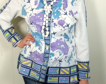 Vintage Op Art World Traveler Blouse Top70's 80's Hippie S M