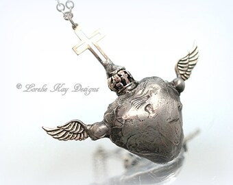 Small Milagros Soldered Necklace Sacred Heart Religious Assemblage Necklace Lorelie Kay Designs