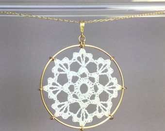 Scallops doily necklace, white silk thread, 14K gold-filled