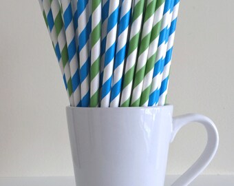 Blue and Green Striped Paper Straws Party Supplies Party Decor Bar Cart Cake Pop Sticks Mason Jar Straws Graduation