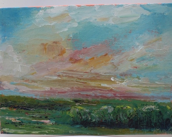 Original oil painting, small landscape, sunrise sunset, flat canvas, clouds, farmhouse decor, wall art home,