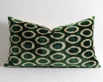 Green white polka dot ikat velvet pillow cover // luxury decorative lumbar throw pillows