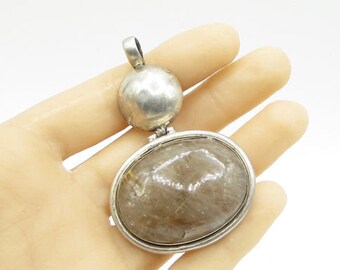 925 sterling silver - vintage bezel set tourmalated quartz drop pendant - p1051
