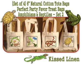 Amphibians Reptiles Nature Ourdoor Explore Birthday Party Treat Favor Gift Bags Mini Cotton Totes Frogs Snakes Lizards Turtles Set of 4 or 8