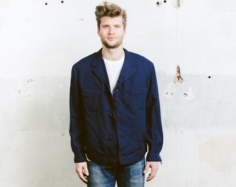 Navy Blue Jacket . 70s Work Jacket Vintage Workwear Indigo Blue 1970's Outerwear Artist Mechanic Coat . size Large L