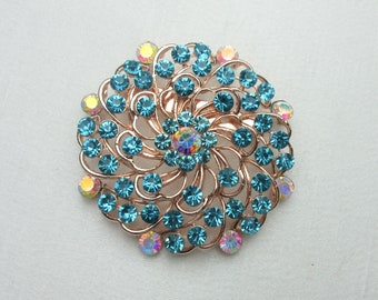 Aqua Blue Crystal Rhinestone Rose Gold Brooch,Crystal Rhinestone Rose Gold Jewelry Brooch,Bridal Bouquet Brooch, Wedding Sash Brooch