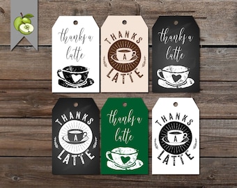 coffee Favor Tag, Thanks a Latte, Coffee Gift, Tea Party Favor, Teachers Gift, Hostess Thank You, Teacher gift tags, printable, Gift tags
