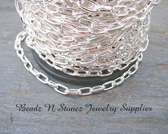 CLEARANCE SPOOL - Bright Silver Plated 3.7mm x 7.2mm Flat Drawn Cable Chain