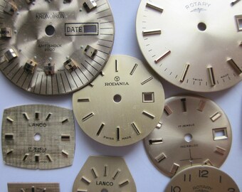 10 Vintage Watch Faces, 'Sunny D' Mix, Metallic Gold, Mixed Lot Shapes and Sizes