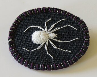 Embroidered Lucky White Spider Brooch Hand Embroidered Natural History Wildlife Textile Art for Arachnophile
