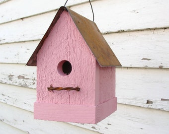 Rustic Birdhouse, Outdoor Birdhouse, Functional Birdhouse, Bird Houses, Cottage Birdhouses, Garden Decor, Garden Birdhouse, Pink Birdhouse