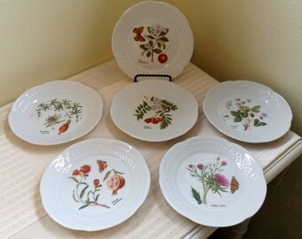 Vesca by Louis Lourioux Set of Six Canape Plates French Porcelain Phillippe Deshoulieres Flowers Butterflies Strawberries EC