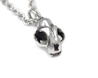 Tiny Cat Skull Charm Necklace in Polished Pewter Kitty Pendant Jewelry