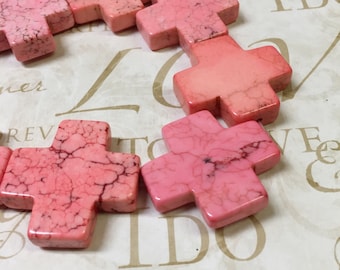 AA quality, Magnesite Beads, Pink, Cross, 1pc, 35mm