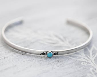 Thin Sterling Silver Turquoise Cuff Bracelet, Silver Turquoise Bangle, Botanical Jewelry, Fern Jewelry, Floral Cuff Bracelet, Sundance Style