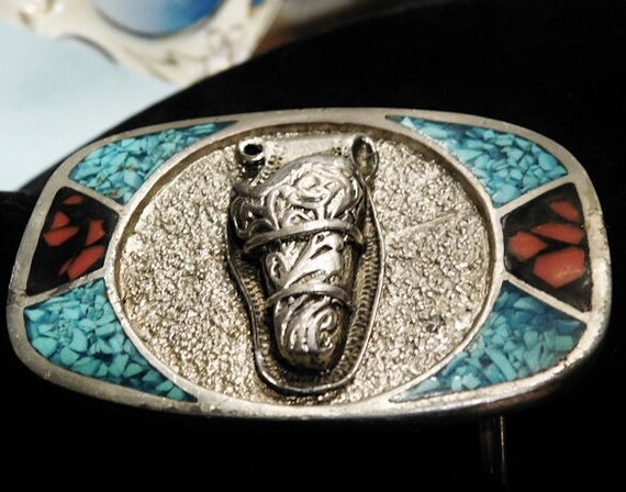 Pewter Belt Buckle / Horse /Crushed Turquoise / Red Coral
