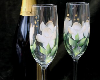 Hand Painted Champagne Glasses - White Roses (Set of 2)
