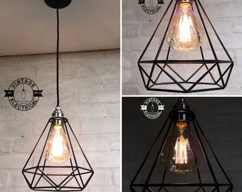 The Blakeney Diamond Single Drop Cage Ceiling Light edison Pendant Drop lamp vintage twisted cable + Filament Lamp Included