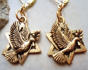 Star of David Dangle earrings.Peace Dove.Metal plate in 24 karat Gold.Silver.Drop Earring.Judaica.Hanukkah. Bat-Mitzvah.Gift. Handmade.