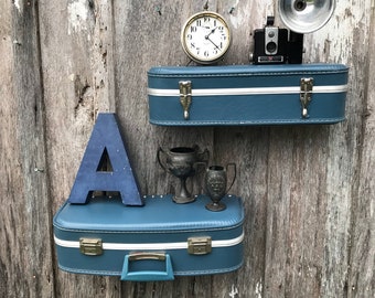 Pair of Wall Shelves Made from a Vintage Blue Suitcase Luggage Shelf Travel Inspired