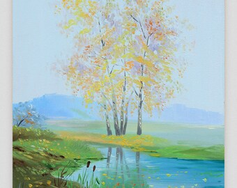 Oil painting Landscape Original painting Small landscape Canvas art Realism Autumn landscape Autumn wood Wall art Small painting Birch tree