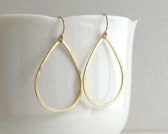 Delicate Hammered Teardrop Earrings, Gold Teardrop Hoops, Gold or Silver, Hoop Earrings - 14K Gold Fill or Sterling Silver Ear Wires