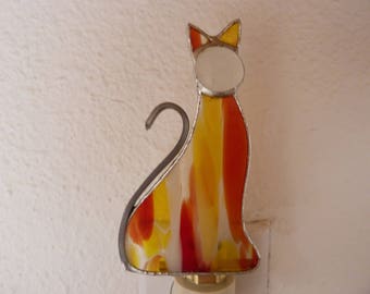 Cat Night Light, Kitty, Yellow Red Stained Glass, Wall Plug In, Bedroom Bathroom Kitchen Decor, Handmade Gift For Man Woman Friend Teen