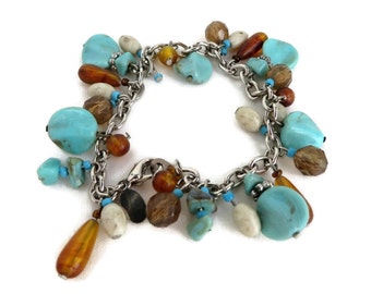 Turquoise Bracelet, Vintage Bracelet, Amber Bracelet, Worthington Bracelet, Green Bead Bracelet, Chain Link Bracelet, Boho Jewelry