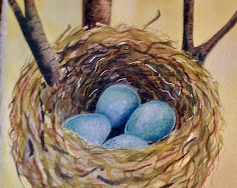 Nest with eggs ORIGINAL watercolor painting. Easter, Mother's Day, Birthday, bird, for her, for him, Spring, robin, wall art, nursery