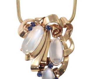 Retro 14K Yellow Gold Moonstone and Sapphire Necklace