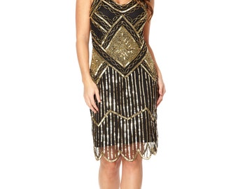 US0 UK4 AUS4 EU32 Edith Black Gold Vintage inspired 1920s Flapper Great Gatsby Beaded Charleston Downton Abbey Deco Bridesmaid Wedding Dress