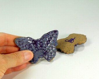 Pottery tea bag holder spoon rests set of 2, ceramic butterfly shaped spoon rests, ceramic butterflies, pottery chopstick rests purple glaze