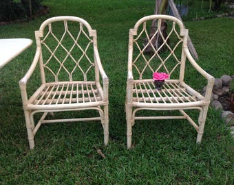 FICKS REED CHIPPENDALE Style Arm Chairs /Pair of Chippendale Style Arm Chairs / Ficks Reed style Faux Bamboo Lattice Chairs Retro Daisy Girl