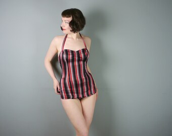 60s 70s STRIPED swimsuit in black, red and silver grey by Dorothy Perkins - STRIPEY 50s bad girl style vintage bathing suit - S
