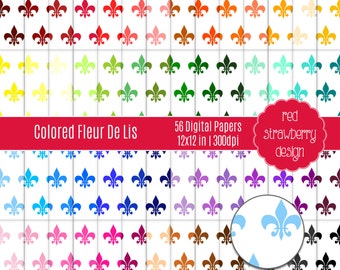 75% OFF Sale - 56 Digital Papers - Colored Fleur De Lis - Instant Download - JPG 12x12 (DP269)